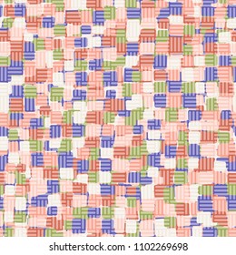 Seamless texture. Multicolored pattern. Rounded quadrangles. Grid of striped squares. Cheerful camouflage.