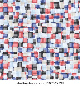 Seamless texture. Multicolored pattern. Rounded quadrangles. Grid of striped squares. Cheerful camouflage.