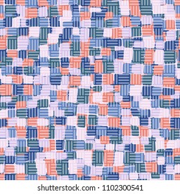 Seamless texture. Multicolored pattern. Rounded quadrangles. Grid of striped squares. Cheerful camouflage.