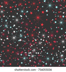 Seamless texture from multi-colored stars. Chaotic spread. Festive texture.