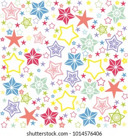 Seamless texture of multi-colored stars on a white background.