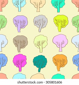 Seamless texture with multi-colored trees on a light background