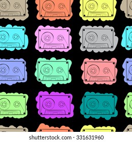 Seamless texture with multi-colored vintage audio cassettes