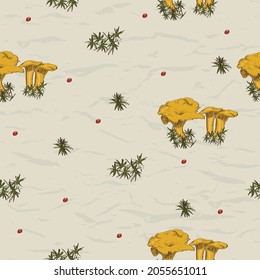 Seamless texture with mushrooms cranberry and moss vintage style from autumn collection.