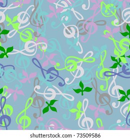 Seamless texture of a musical key. Bright background of the children's music and leaves.