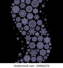 Seamless texture with neutral snowflakes and dots on a black background. Starry Sky. Falling snow.