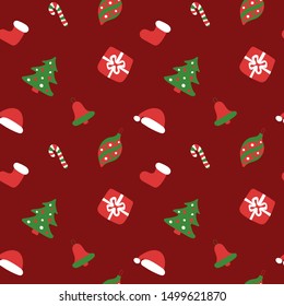 Seamless texture for the New Year. Christmas pattern. Winter holiday wallpaper. Santa Claus cap, tree, bag, gift, stick, bell and balls
