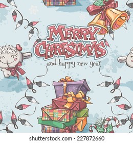 Seamless texture of New Year and Christmas with the lamb, gifts, bells and lanterns.