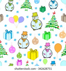 Seamless texture New Year Christmas with snowmen and gifts