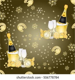Seamless texture New Year fireworks and midnight toast merry background Vector illustration