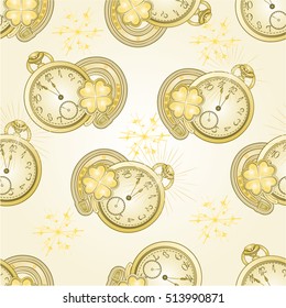 Seamless texture New Year  watches and lucky symbols gold background  vector illustration