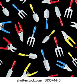 seamless texture with nice gardening tools on black background
