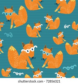 seamless texture with nice little fox in glasses. seamless pattern with red little foxes 