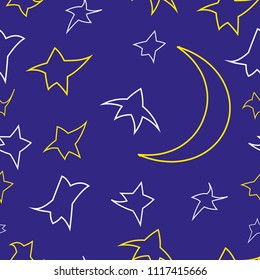 seamless texture of the night sky with the moon and dancing stars on a blue background