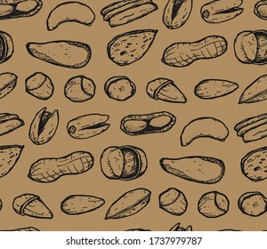 Seamless texture with nuts. Repeating background with nuts. A great background for your design. Pecan, Cashew, Hazelnut, almond, Brazil nut, peanut, Pistachio.