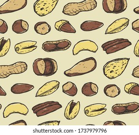 Seamless texture with nuts. Repeating background with nuts. A great background for your design. Pecan, Cashew, Hazelnut, almond, Brazil nut, peanut, Pistachio.