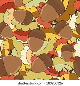 Seamless texture oak leaves and acorns in autumn colors