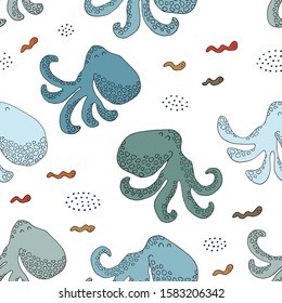 Seamless texture with octopuses and hand drawn elements. Childish sea background, drawing with line-art. Eps10 vector.