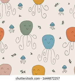 Seamless texture with octopuses and hand drawn elements. Childish sea background, drawing with line-art. Eps10 vector.