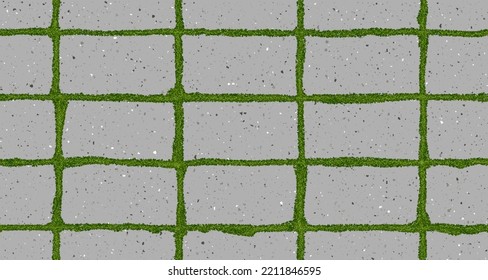 Seamless texture of old pavement with moss and concrete bricks. Vector pathway pattern top view. Outdoor slab sidewalk. Cobblestone footpath or patio. Concrete block floor