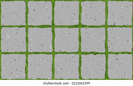 Seamless texture of old pavement with moss and concrete square bricks. Vector pathway pattern top view. Outdoor slab sidewalk. Cobblestone footpath or patio. Concrete block floor