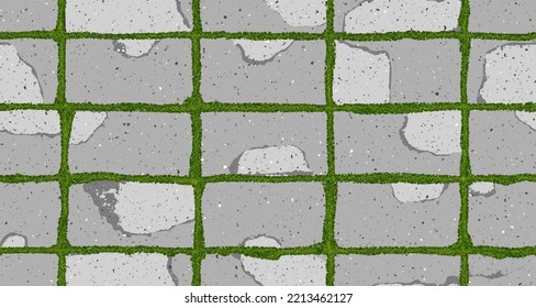 Seamless texture of old pavement with moss and concrete cracked old bricks. Vector pathway pattern top view. Outdoor slab sidewalk. Cobblestone footpath or patio. Concrete block floor