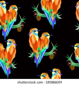 Seamless texture on black background two bright tropical bird on a branch with coconuts in the abstract style
