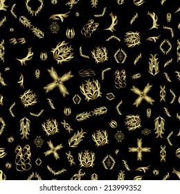 seamless texture on black background with golden elements
