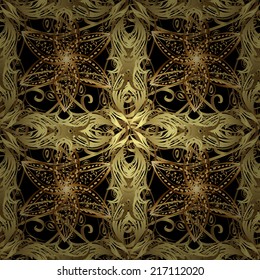 Seamless texture on black background with shadows and golden gradient swirls. Vector illustration. Seamless pattern for your design wallpapers, pattern fills, web page backgrounds, surface textures. 