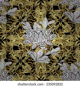 seamless texture on black background and white doodles flowers