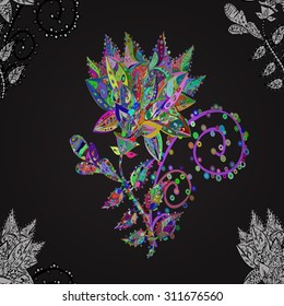 Seamless texture on black background. Vector illustration. Doodles flowers with spiral petals. Colorful flowers. White flowers. Shrarp doodles petals. 