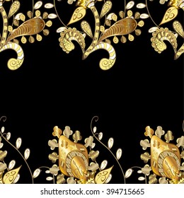 Seamless texture on black background. Seamless pattern. Vector illustration. Vintage style. Golden elements.