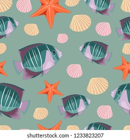 Seamless texture on a blue background starfish, seashells, fish.
