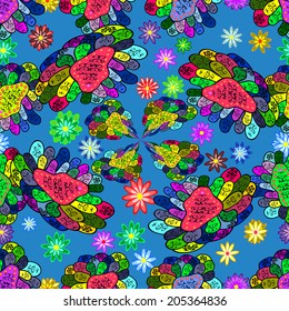 Seamless texture on blue background. Vector illustration. Seamless texture for your design wallpapers, pattern fills, web page backgrounds, surface textures. Ornamental doodles. 