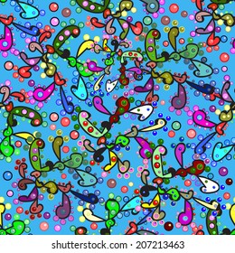 Seamless texture on blue background with doodles. Vector illustration. Seamless pattern for your design wallpapers, pattern fills, web page backgrounds, surface textures.