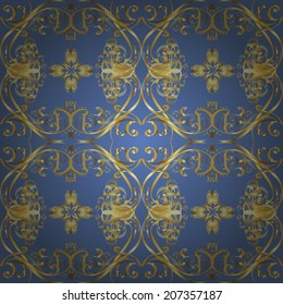 Seamless texture on blue background with golden swirl. Vector illustration. Seamless pattern for your design wallpapers, pattern fills, web page backgrounds, surface textures. 