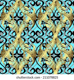 Seamless texture on blue background with golden pattern. Vector illustration. Seamless pattern for your design wallpapers, pattern fills, web page backgrounds, surface textures. 
