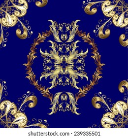 seamless texture on blue background with golden pattern