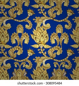 seamless texture on blue background with golden pattern