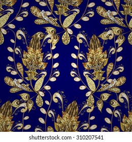 seamless texture on blue background with golden pattern