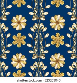 seamless texture on blue background with golden pattern