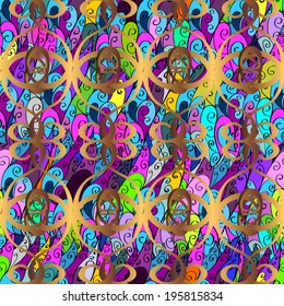 Seamless texture on doodles background with gold pattern. Vector illustration.
