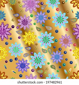 seamless texture on gold background with flowers and doodles. Seamless texture for your design wallpapers, pattern fills, web page backgrounds, surface textures. 