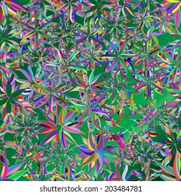 Seamless texture on green background with flowers and stars. Vector illustration. Seamless texture for your design wallpapers, pattern fills, web page backgrounds, surface textures. 
