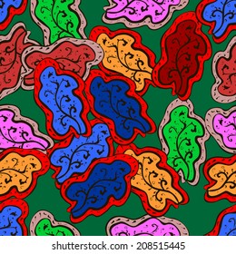 Seamless texture on green background with doodles. Vector illustration. Seamless pattern for your design wallpapers, pattern fills, web page backgrounds, surface textures. 