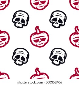 Seamless texture on Halloween with the image of the skull and pumpkin.