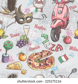 Seamless texture on italy. With a picture of food, fruit, wine, carnival masks and other