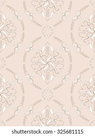 Seamless texture on light beige. Element for design. Ornamental backdrop. Pattern fill. Ornate floral decor for wallpaper. Traditional decor on beige background.  