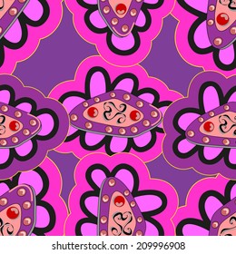 Seamless texture on lilac background with doodles. Vector illustration. Seamless pattern for your design wallpapers, pattern fills, web page backgrounds, surface textures. 