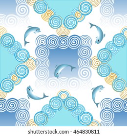 seamless texture on the marine theme with stylized waves and dolphins on a white background